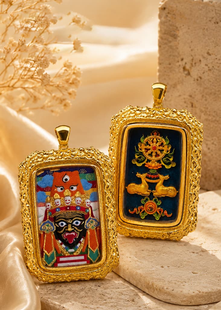 Color-painted Tsatsa Brass Thangka Pendant — hand-painted Tibetan Thangka