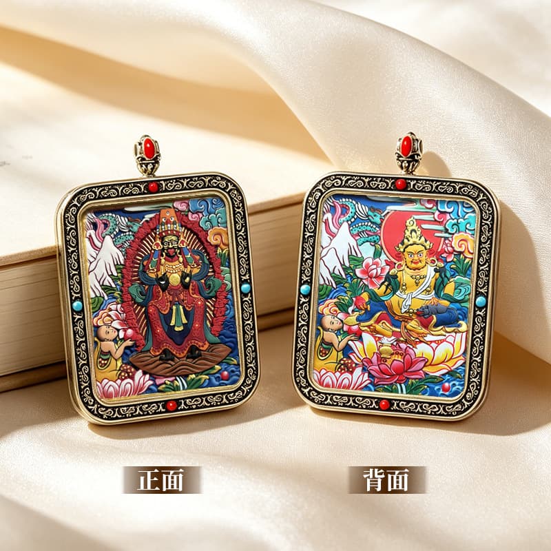 Hand-painted Double-sided God of Wealth Thangka Pendant — hand-painted Tibetan Thangka
