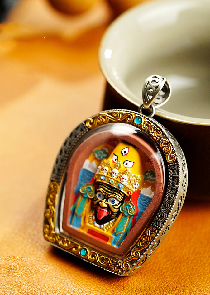 Gate-shaped Hand-painted Patron Buddha Thangka Pendant